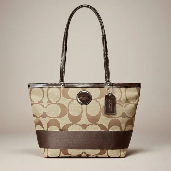 Coach Signature Monogram Khaki/Brown Stripe Tote/Shoulder Bag - Picture 1 of 11